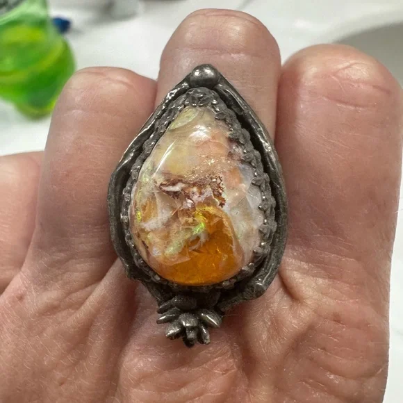 Unique Teardrop Sterling Silver Ring with Amazing Opal Stone - Picture 2 of 9